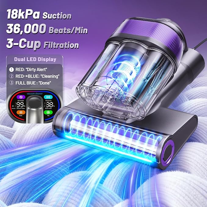 LED Display Mattress Vacuum Cleaner, 18Kpa Bed Vacuum Cleaner with 253.7nm UV-C Light, 149℉ Heat, Triple-Cup Versatile Handheld Vacuums for Bed Sofa Carpets Pet Hair
