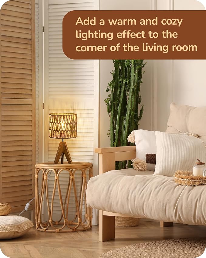EDISHINE Rattan Small Table Lamp, Boho Nightstand Lamp, E26 Base | Natural Style - Image 6
