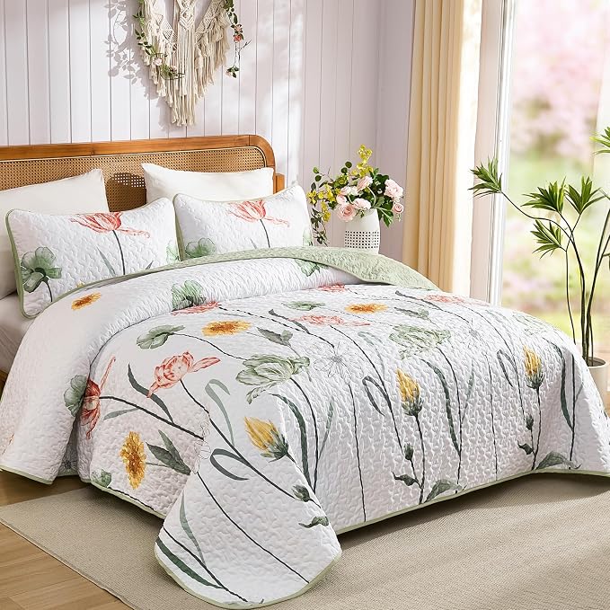 WONGS BEDDING 3 Pieces Quilt Set Full, Sage Green Floral Printed Quilted - Image 2