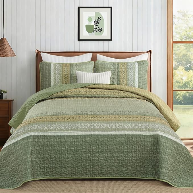 Cottolester Sage Green Queen Quilt Set, Sunner Striped Patchwork Bedspread | by Cottolester