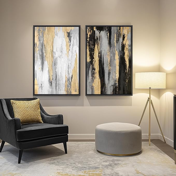 Large Framed Elegant Black White Gold Wall Art - Image 5