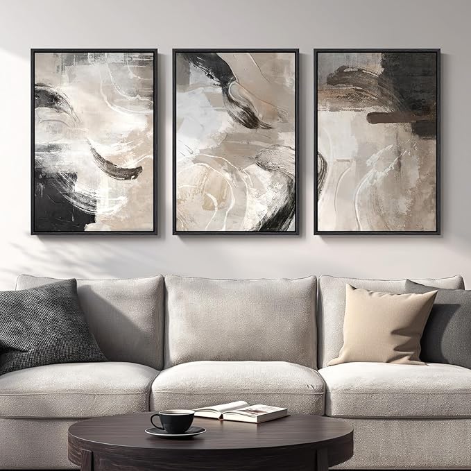 Large Framed Neutral Abstract Wall Art, 3 Piece Modern Minimalist Canvas Prints by Cuspin