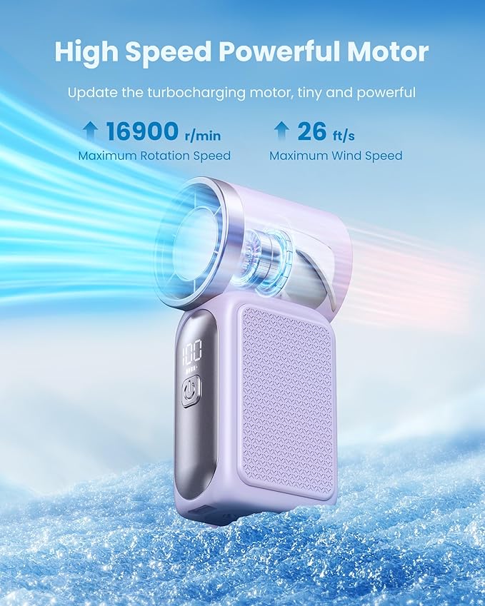 Gaiatop Portable Handheld Mini Fan, 6 Speeds 16900 RPM High Velocity Personal Fan with LED Display, USB Rechargeable, Mini Fan with Lanyard for Makeup, Travel, Outdoor, Gift for Women Girl, Purple