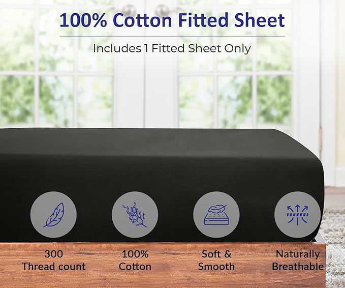 ROYALE LINENS 300 Thread Count 100% Long Staple Combed Cotton Fitted Sheet Twin - Super Soft Deep Pocket Bottom Sheet - Fitted Sheets Only - Elastic Sheets (Twin, Black)