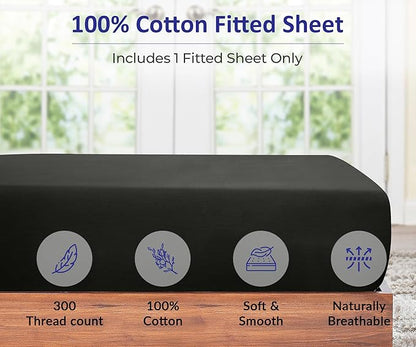 ROYALE LINENS 300 Thread Count 100% Long Staple Combed Cotton Fitted Sheet California King - Super Soft Deep Pocket Bottom Sheet - Fitted Sheets Only - Elastic Sheets (Cal King, Black)