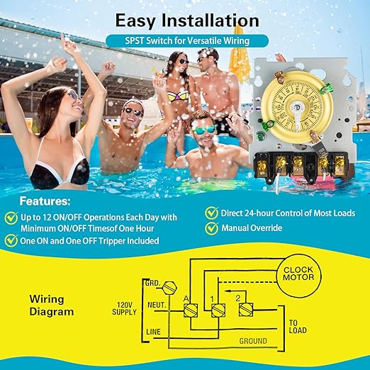 T104M Mechanical Timer Switch Mechanism Only, 208-277V 40A DPST, Heavy Duty Outdoor Timer for Pool Pump, Water Heater, Lighting – 24-Hour, 12 ON/Off Cycles.