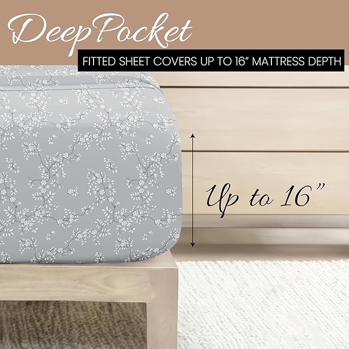 Linen Market Patterned Microfiber King Sheet Set 4 Piece – Oeko-TEX Certified Ultra Soft & Wrinkle-Free - 16" Deep Pocket Sheets - Easy Care King Size - Trellis Vine Light Gray