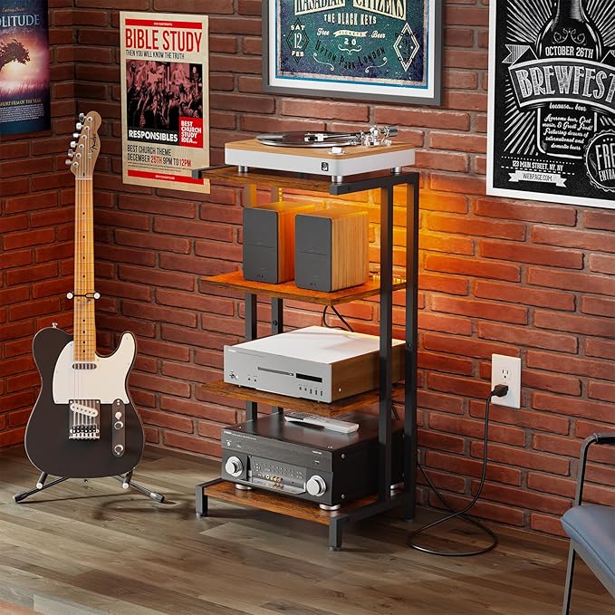 X-cosrack 16.5" Small 4-Tier AV Media Stand with Power Strips,Narrow Version Wooden Corner TV Stand Shelf with LED Lights,Stereo Cabinet Audio Rack Stand Tower for Small Media Players and Boxes