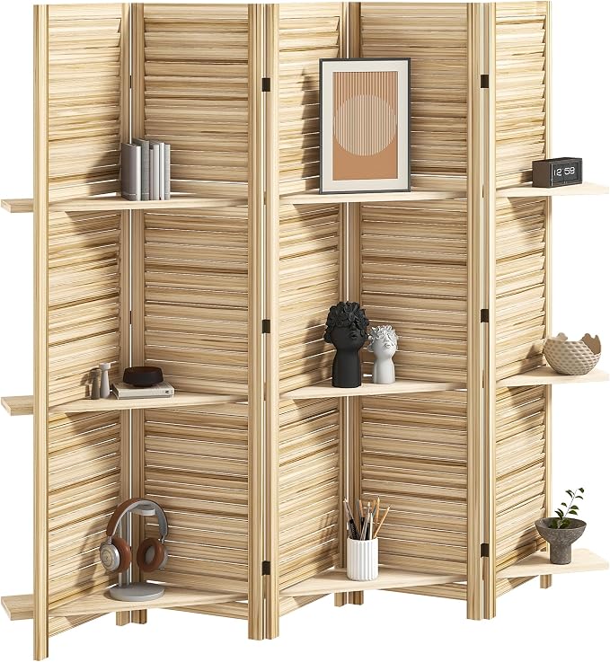 HOMCOM Room Divider with Shelves, 5 Panel, Natural Wood | Wood Privacy Screen by HOMCOM