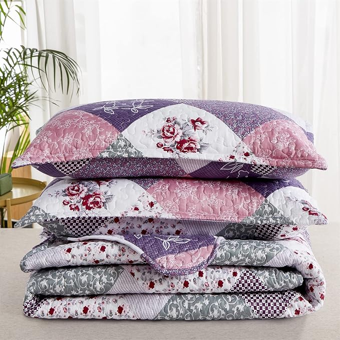 Dinjoy Boho Quilt Set Queen Size, Patchwork Floral Bedspreads, Reversible - Image 6