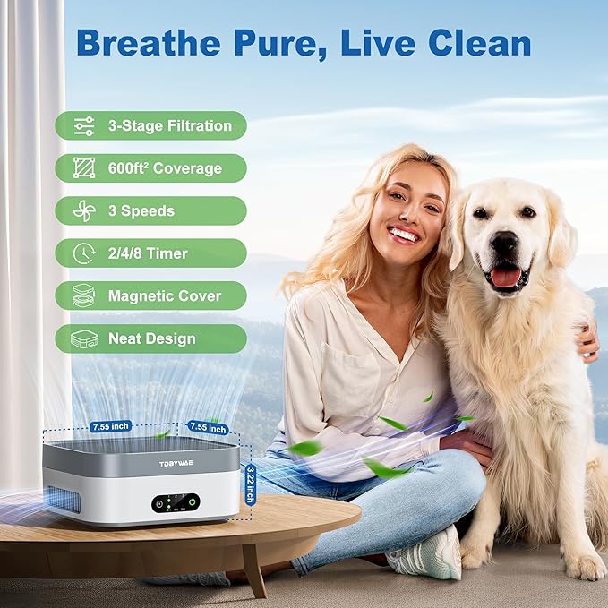 TDBYWAE Air Purifier for Home – True HEPA Filter for Pets, Smoke & Allergies | 600 Sq Ft Coverage | Ultra-Quiet & Portable for Bedroom/Travel