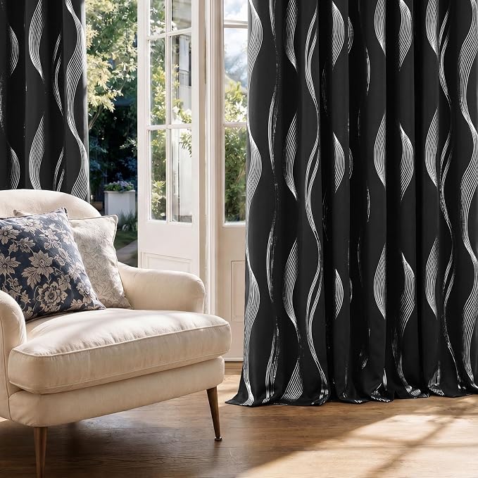 Deconovo Silver Foil Wave Pattern Total Blackout Curtain Panels, Living Room - Image 2