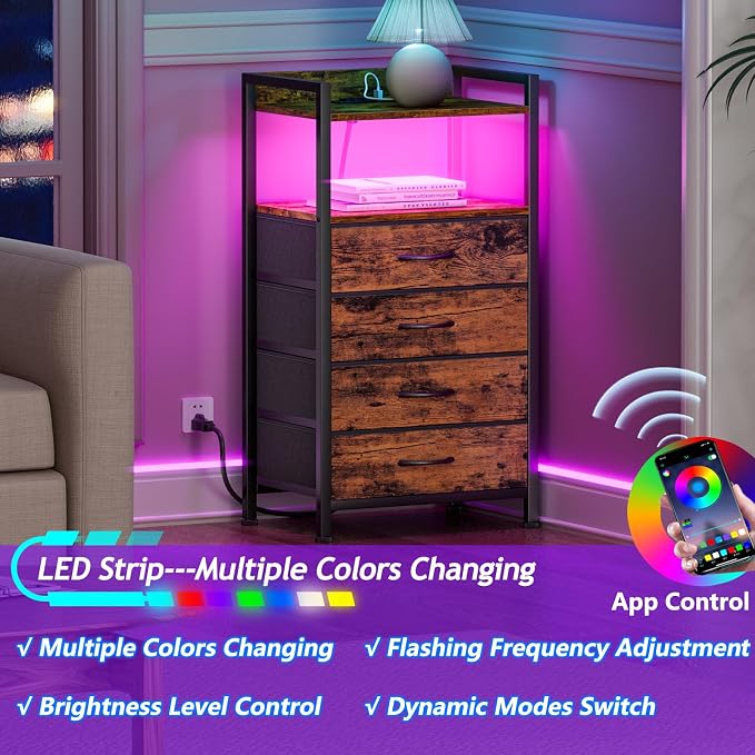Night Stand with Charging Station, 4 Drawer Tall Bedside Table | small dresser - Image 5