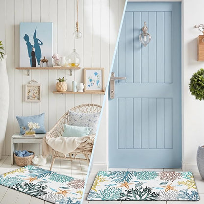 Kitchen Mats for Floor Cushioned Anti Fatigue Sets of 2 Coastal Kitchen Rugs Non Slip Waterproof Nautical Foam Kitchen Floor Rug Beach Theme Coral Fish Comfort Standing Mat for Sink Laundry, Teal