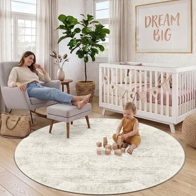 Latte&Fog 6ft Round Area Rug forBedroom Washable Circle Neutral Ivory Rug | Non - Image 3