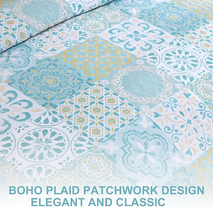 Dobuyly Patchwork Quilt Set King Size, Aqua Blue Boho Summer Bedspreads - Image 8