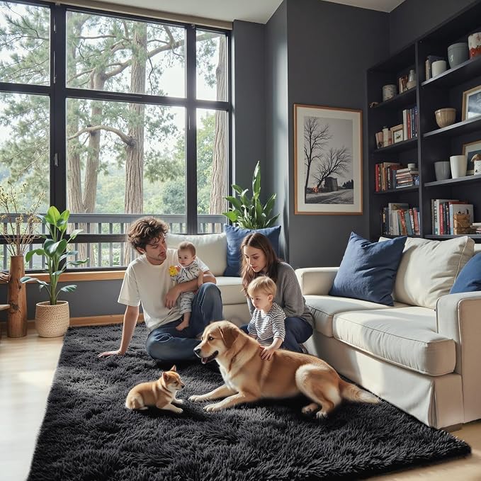5x8 Black Shag Area Rug for Living Room, Fluffy Plush Carpet | Non-Slip Large - Image 3