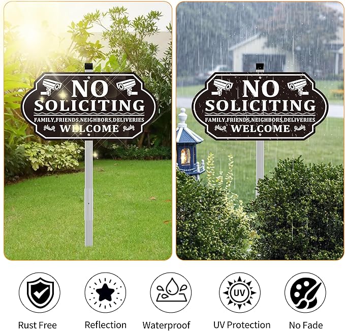 No Soliciting Sign for House, No Soliciting Signs for Front Door with Long Stake, Heavy Duty Aluminum Yard Signs UV Protected Weather Resistant and Easy Install for Lawns Garden (14x7 inches Black)