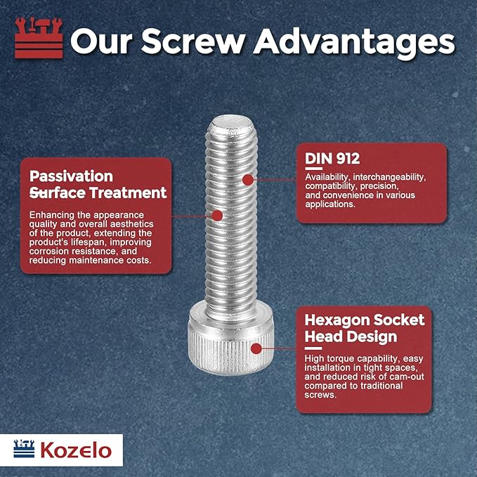 Kozelo 10pcs Socket Head Cap Screws - [M8-1.25 x 28mm] 304 Stainless Steel Allen Socket Drive for Electrical Motor 3D Printing Fan Engine Replacement Use, Silver