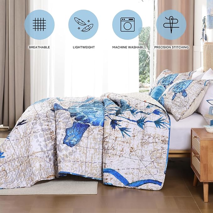 weigelia Coastal Quilt Queen Size, Nautical Lightweight Summer Bedding | - Image 4