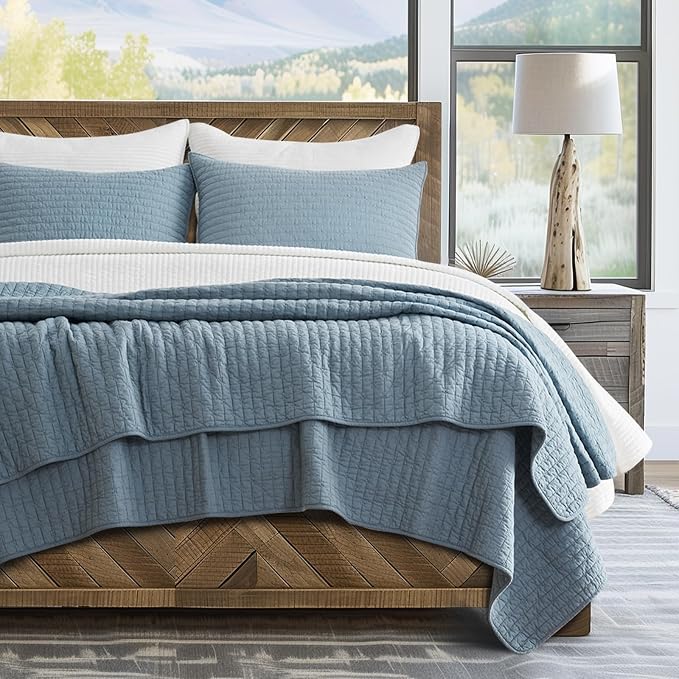 x Kinsey Walsh 100% Cotton Cross Stitch Quilt, Dusty Blue | 100% Cotton by EVERGRACEHOME