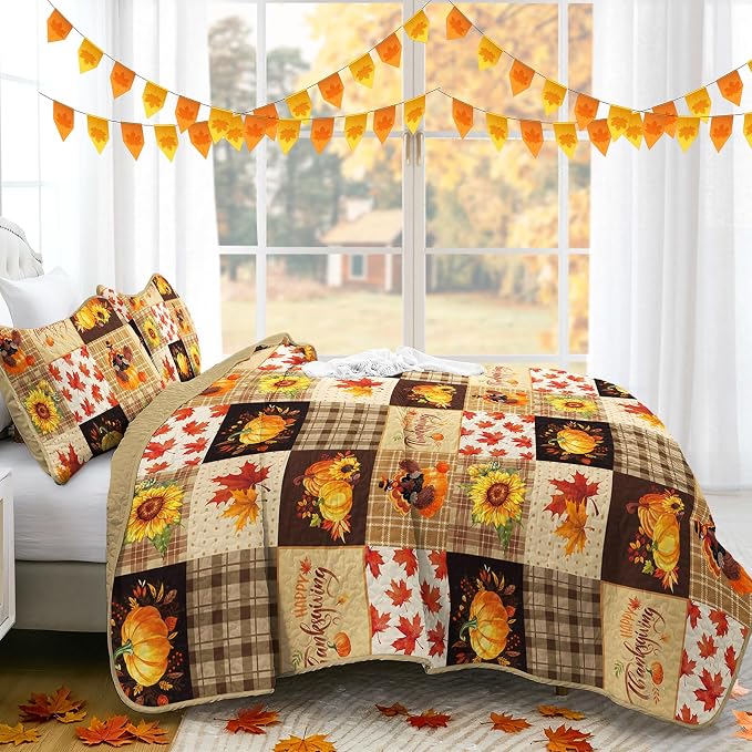 Fall Patchwork Quilt Set Queen, 3 Pieces Thanksgiving Bedding Set Brown | - Image 4