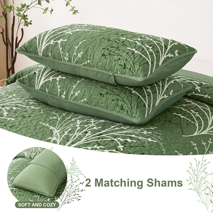 DJY Green Quilt Set Queen Size Branch Bedspread Coverlet Set, 3 Piece Olive - Image 7