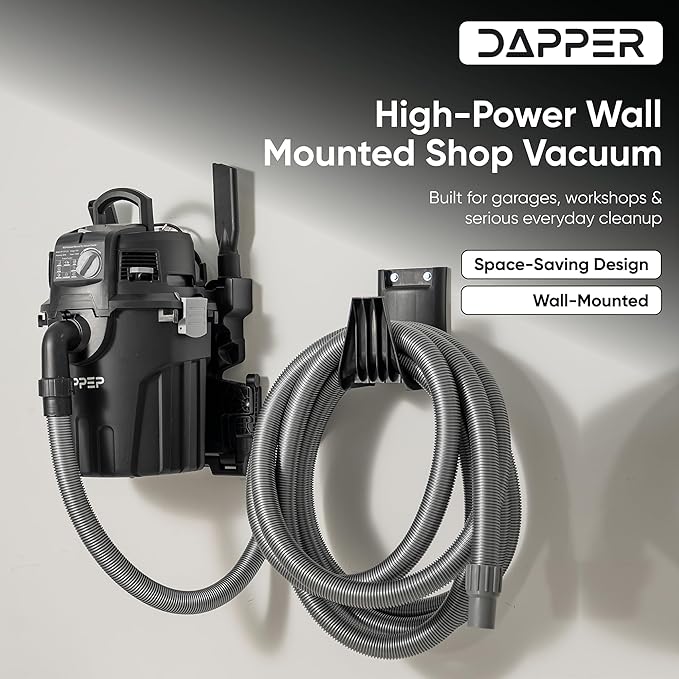 Dapper Supply 6 Gallon Wall Mount Wet/Dry Vacuum, 5.5 Peak HP, 30 Ft Hose, Vacuum & Blower, Includes Attachments for Garage, Car, Workshop & Jobsite