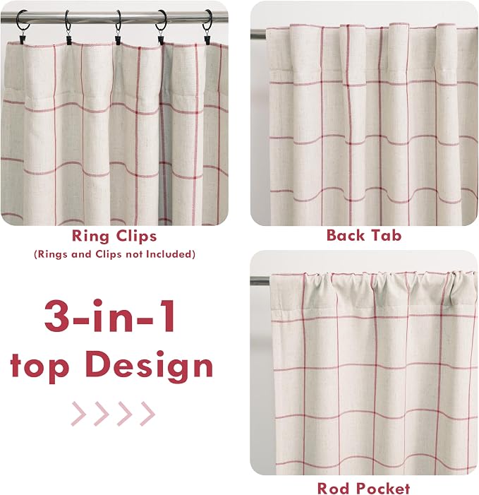 DriftAway 100% Blackout Plaid Linen Curtains 63 Inches Long 2 Panels Red | 100% - Image 6
