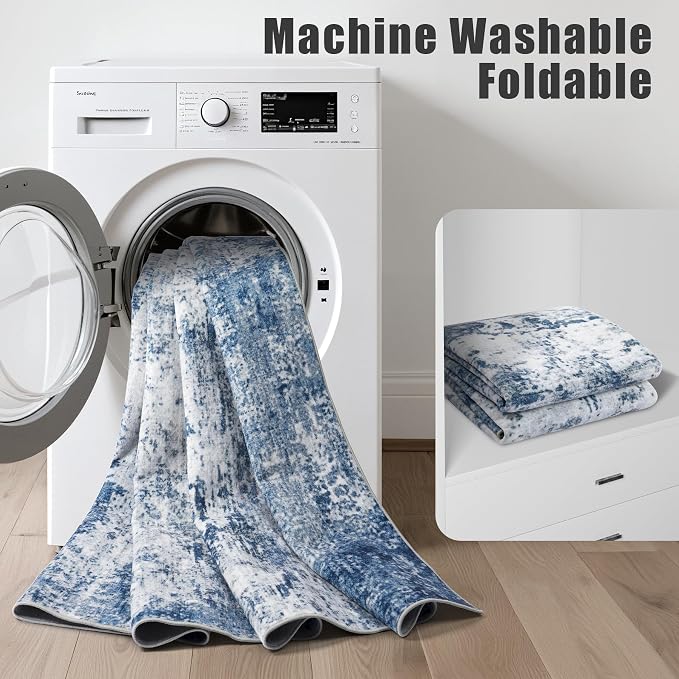 2.6x8 Washable Runner Rug：Modern Abstract Kitchen Soft Carpet Blue | - Image 5