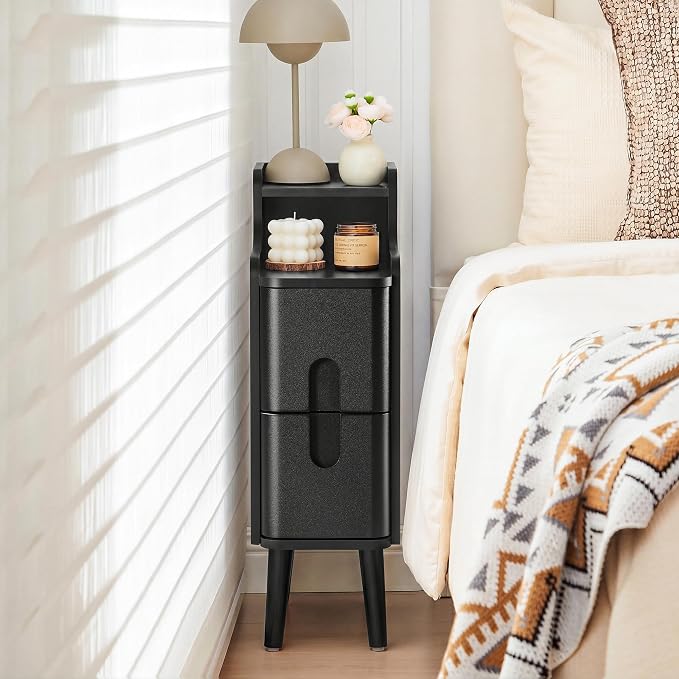 Black Narrow Nightstand, Wood 2 Drawer Small Nightstand, Slim Side Table by FurSchFurniture