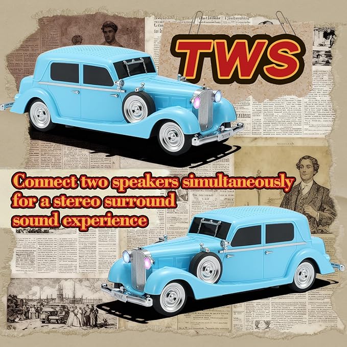 WSTER WS-1934 Retro Classic Car Bluetooth Replica Speaker – Wireless HD Sound with FM Radio,TWS Stereo,LED Party Lights,Built-in Microphone Hands-Free Call, Surprise Portable Gift for Party Use(Blue)