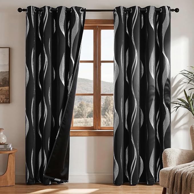Deconovo Silver Foil Wave Pattern Total Blackout Curtain Panels, Living Room by Deconovo