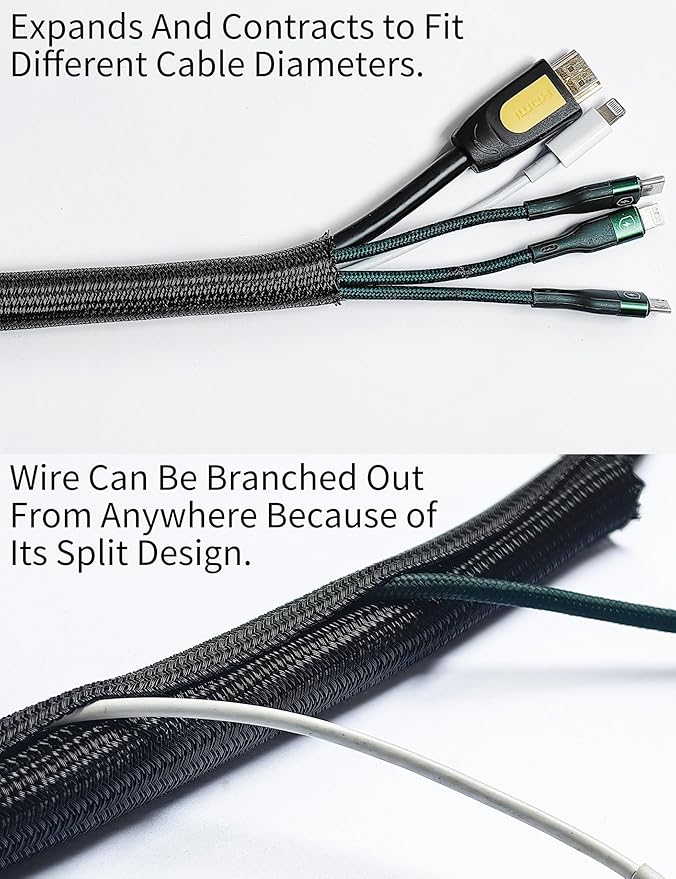 Cable Management Split Wire Loom Sleeve - Cord Hider & Protector for Desk, Pet Chew Proof, Wire Cover Organizer, Flexible Tube for Wires and Cables (5/16 Inch 12FT, Black)