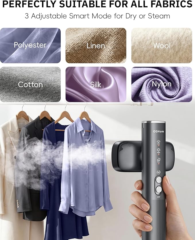 OGHom Steamer for Clothes, 110-240V Travel Steamer & Iron 2 in 1, 1000W Powerful Steam, Portable Handheld Garment Wrinkle Remover, 30s Fast Heat-Up with 3-mode Steam Control, for Global & Europe-Black