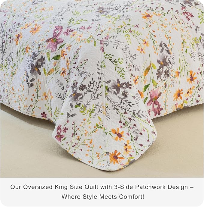 QSH 3Pcs Floral Quilt Oversized Queen Size -100% Cotton Quilt Oversized Queen - Image 3