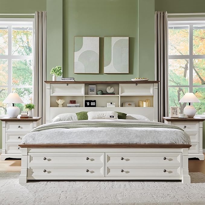 Farmhouse King Size Bed Frame with 54" Tall Storage Bookcase Headboard, Wood Platform Bed Frame with 2 Drawers & 18" Tall Roman Column Decoration Footboard, No Box Spring Needed(Antique White)