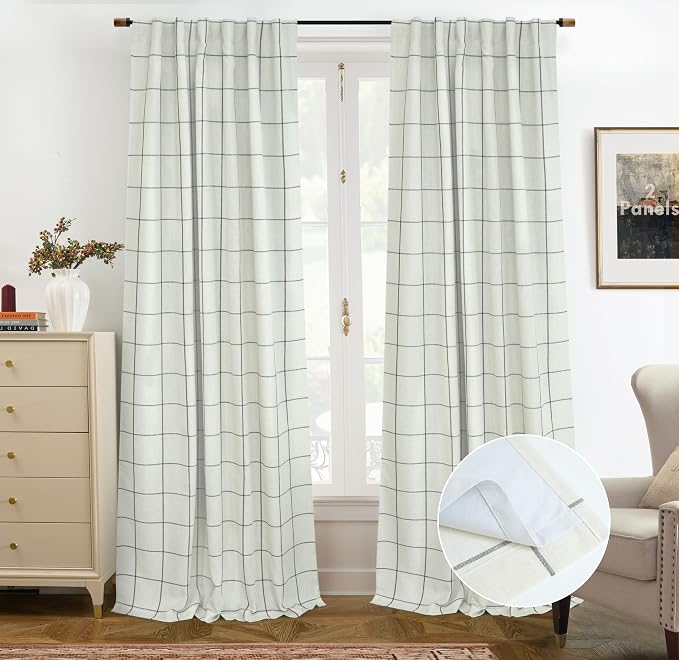 DriftAway 100% Blackout Plaid Linen Curtains 90 Inches Long 2 Panels Black | by DriftAway