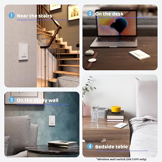 Wireless Light Switch and Receiver Kit (3V1), Self-Powered (No Battery Required), No WiFi Needed, Remote Control Lighting Switch for Indoor and Outdoor Light Fixtures, 4-Way