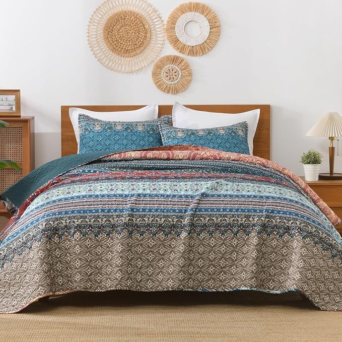 Brown Green King Size Quilt Set, 3 Pieces Boho Striped Bedspread | Soft by Andency