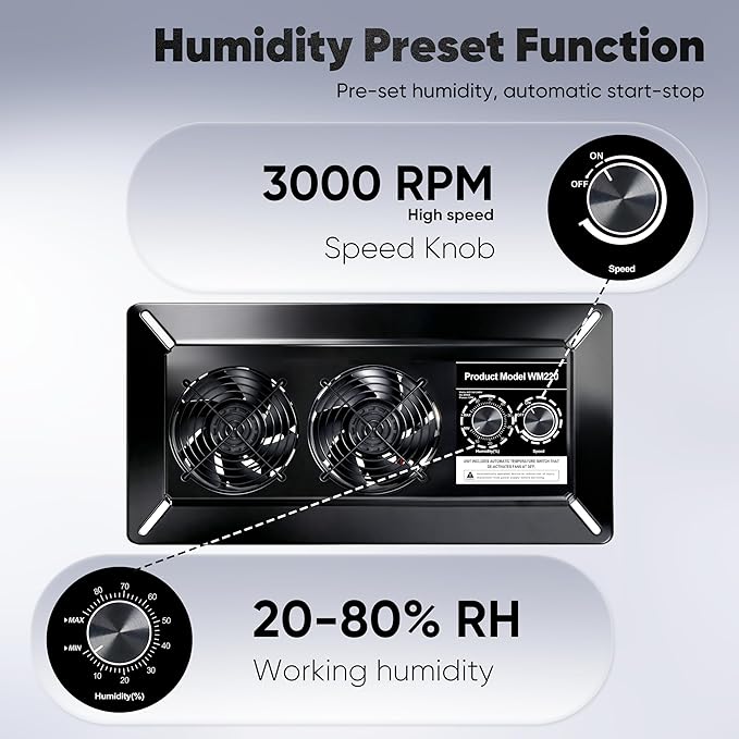 WARMOASIS 220 CFM Crawl Space Vent Fan with Dehumidistat & Thermostat, Dual Knobs for Speed & Humidity Control, 3000 RPM, Reduces Indoor Radon, Humidity & Odors, High-Efficiency Ventilation