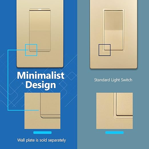 LIDER Minimalist Design Matte Finish Lighted 4-Way Decorator Light Switch, Four Way Frameless Rocker Switch, Residential/Commercial Grade, 15A 120V/277V, UL Listed, LS15-4W-GD, Gold
