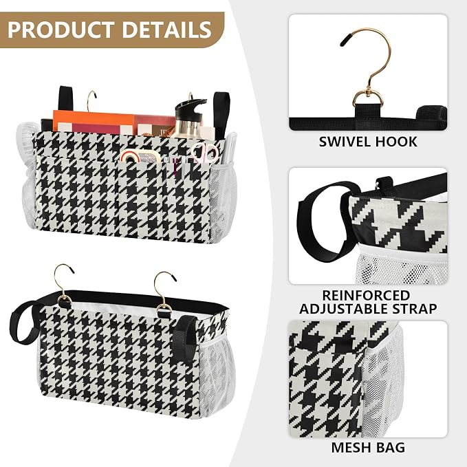 Classic Houndstooth Print Bedside Caddy Storage Bag Bedside Organizer - Image 5