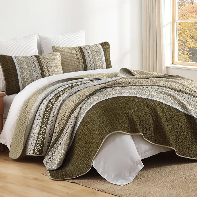 Cottolester Brown Quilt Set Full, Soft Striped Texture Bedspread 3 Pcs | - Image 9