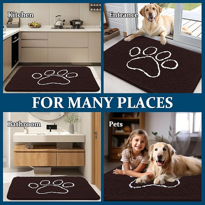 OLANLY Dog Door Mat for Muddy Paws 70x46, Paw Print Design, Absorbs Moisture and Dirt, Absorbent Non-Slip Washable Doormat, Quick Dry Chenille Mud Mat for Dogs, Entry Indoor Entryway Carpet, Brown
