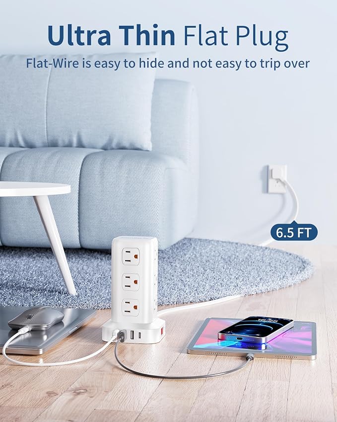 Extension Cord with Multiple Outlets, SMALLRT Flat Plug Power Strip Tower with - Image 4