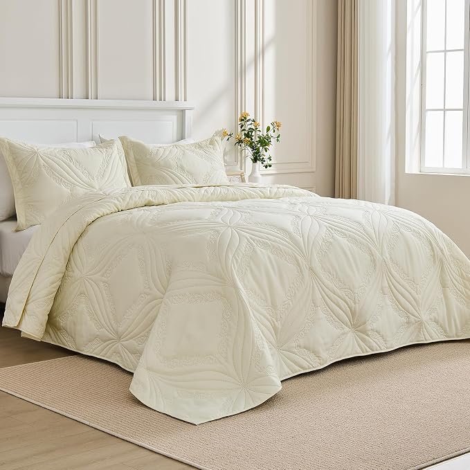 Kingnex Oversized King Bedspreads 128x120 Ultrasonic Quilted Cream | Extra Wide - Image 3