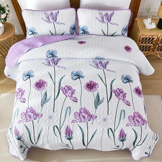 WONGS BEDDING Purple Queen Quilt Set, 3 Pieces Light Purple Floral Bedspread - Image 3