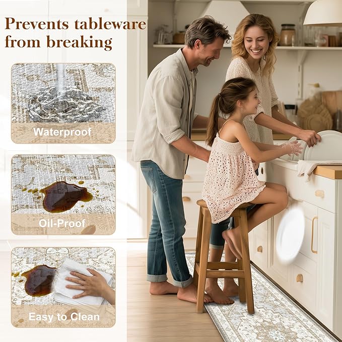 Boho Kitchen Mats for Floor 2 Piece Set Anti Fatigue Cushioned PVC Kitchen Rugs Non Slip Waterproof Farmhouse Mats 2/5 Inch Comfort Standing Mat for Sink, Laundry, 17.3"x59"+17.3"x28", Beige Tan