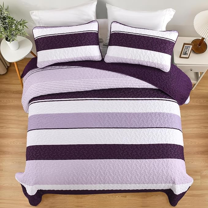 Dinjoy King Boho Striped Quilt Set, Breathable All-Season, 3-Piece Set Fits - Image 2